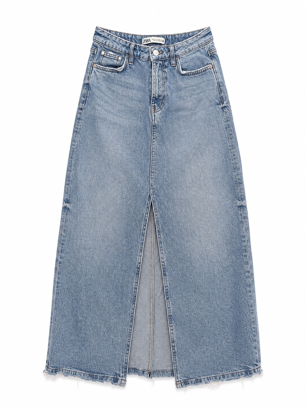 Zara Light Wash Denim Maxi Skirt with Front Slit